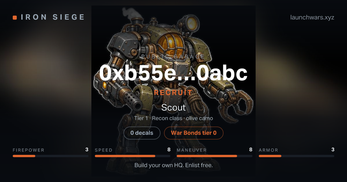Share card for 0xb55e…0abc: Recruit, fielding the Scout.